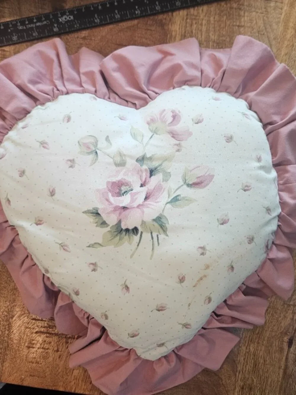 Vintage Shabby Chic Rose Floral Heart Bolster Pillow Set Mauve Ruffle Lace Trim
